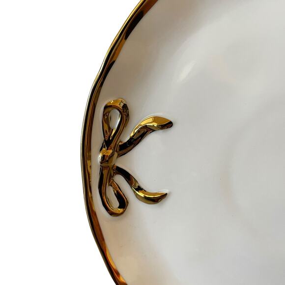 Hand Painted Coquette Gold Bow Salad Plates 9in White Ceramic Set of 4 Holiday - Picture 10 of 10